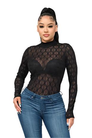 Long Sleeve Geometric Bodysuit Black