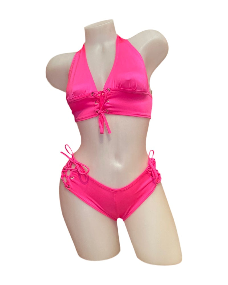 Lace Up Halter Top and Short Set Hot Pink - Model Express Vancouver