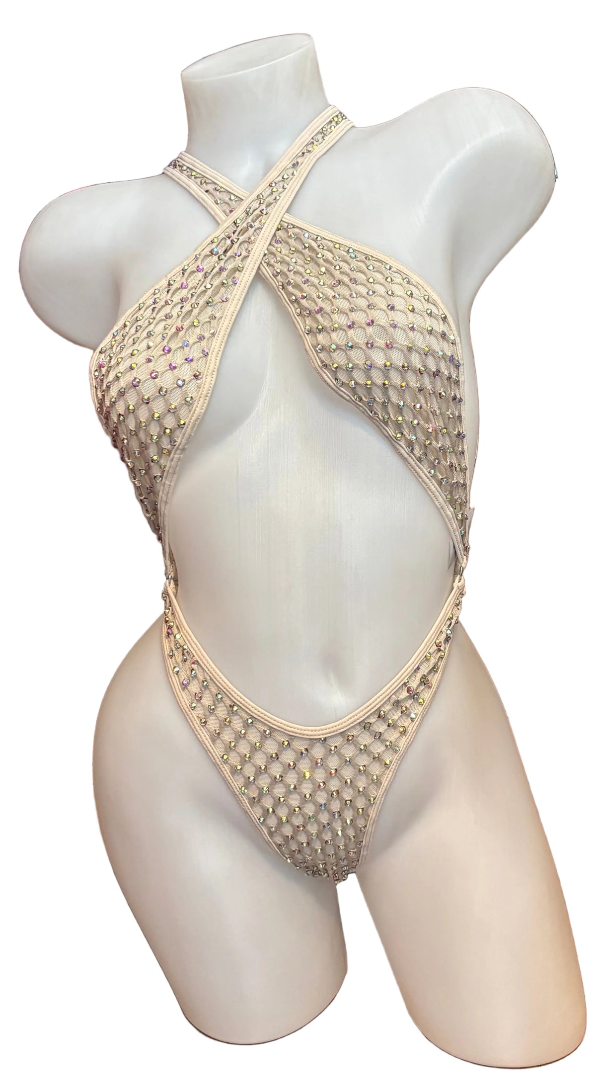 Nude rhinestone criss-cross sling shot lingerie by CY, featuring sparkling rhinestones and a stylish criss-cross design.