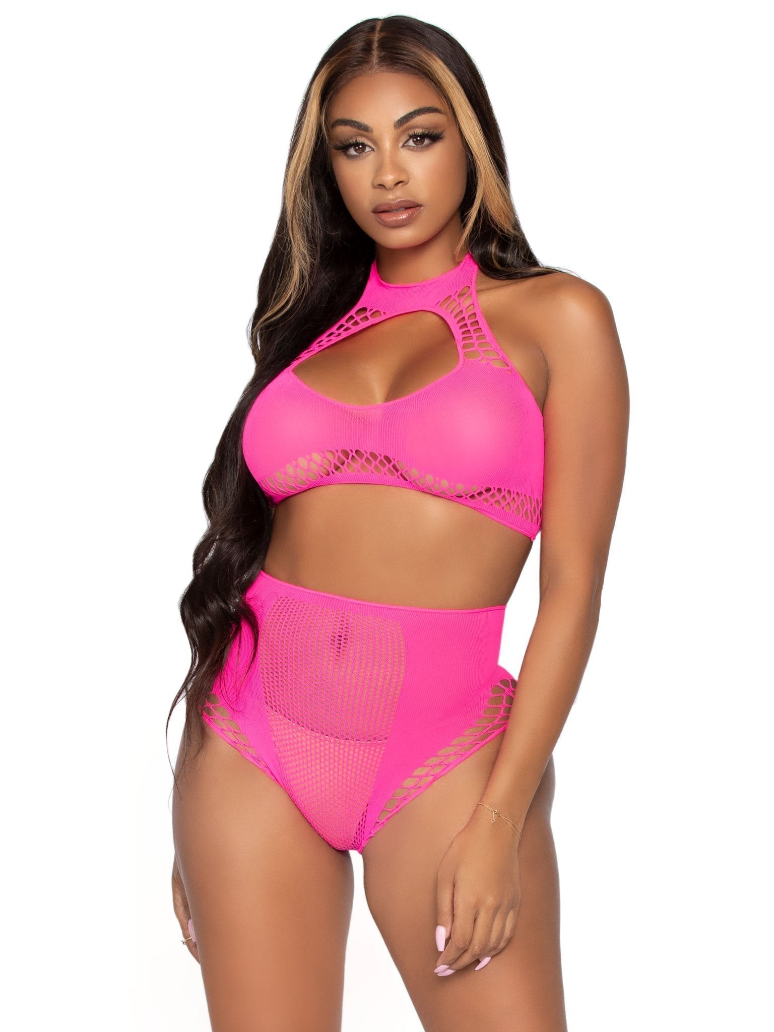 2 Pc Net Crop Top and High Waist Bottoms Pink - Model Express VancouverLingerie