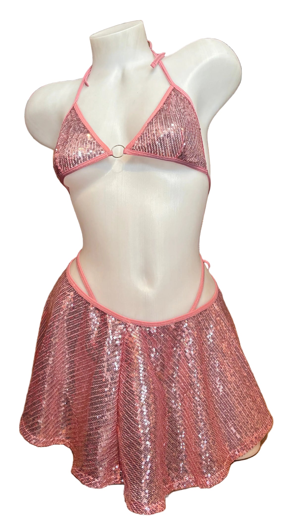 Sequence Bikini, Skirt and Gloves Set Pink