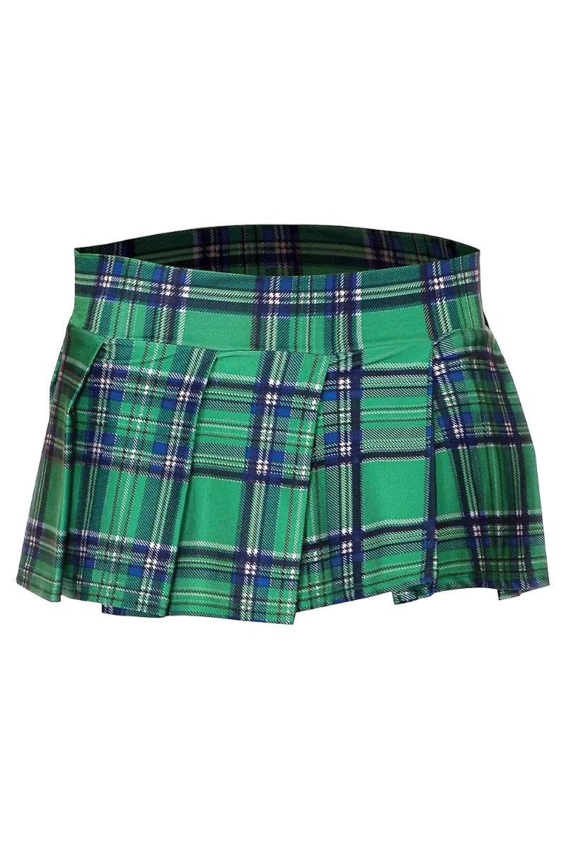 Green plaid mini skirt by ML, stylish clothing piece featuring a classic plaid pattern and a short, trendy design.