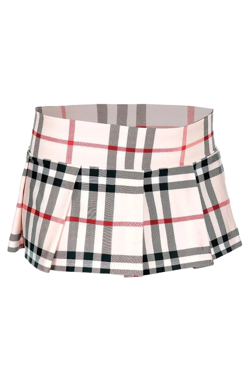 Light brown plaid mini skirt from ML, featuring a stylish checkered pattern and a fitted waistband.