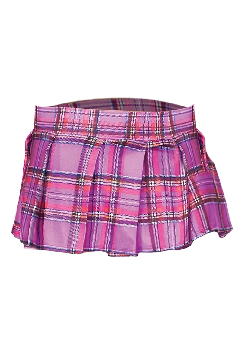 Light purple plaid mini skirt from ML, featuring a stylish and trendy design, perfect for casual or dressy outfits.