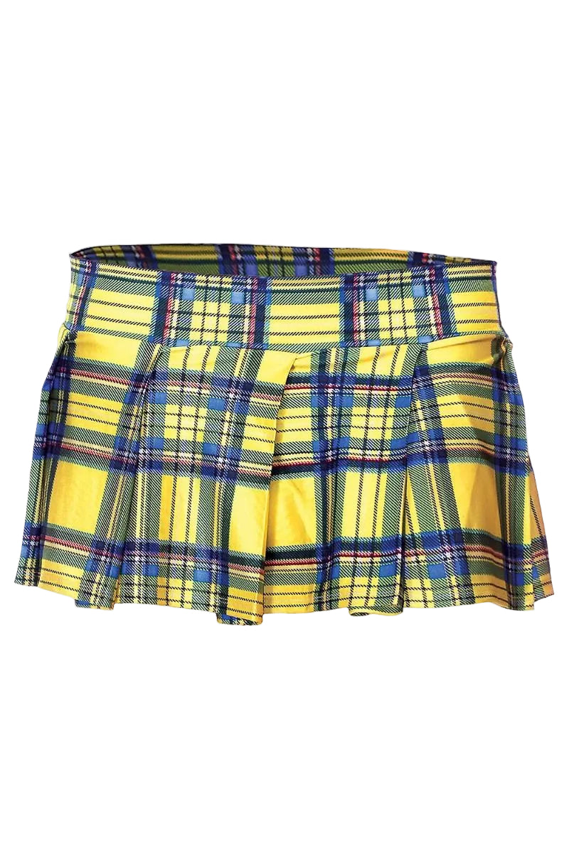 Yellow and blue plaid mini skirt from ML, showcasing a stylish, high-waisted design with a vibrant pattern and classic hem.