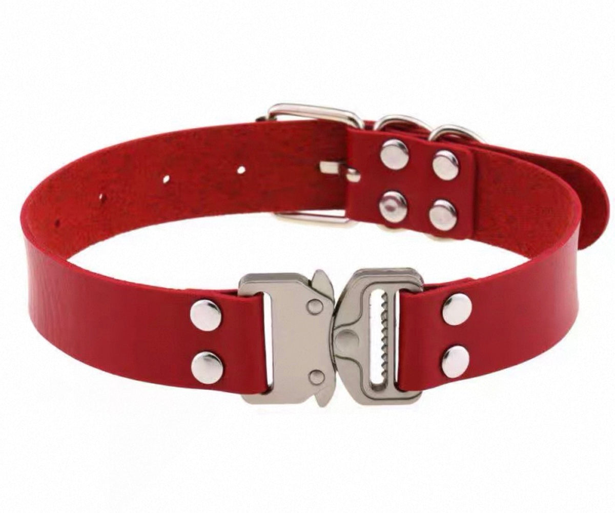 Red buckle choker from AXE accessories with a sleek design, featuring a metal buckle and adjustable strap.