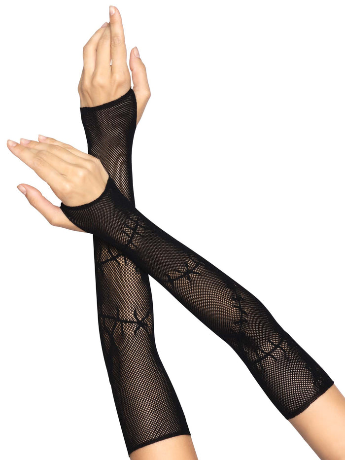 LA stitched up fishnet arm warmers, stylish accessories featuring fishnet fabric and stitched detailing for edgy fashion.