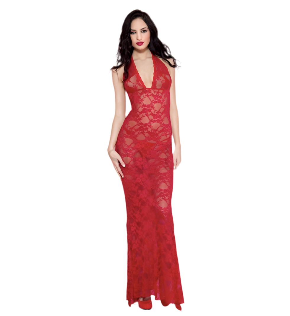 Long Lace Halter Gown Red