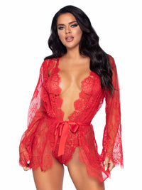 3 Pc Lace Teddy, Matching Robe and Tie Red - Model Express VancouverLingerie