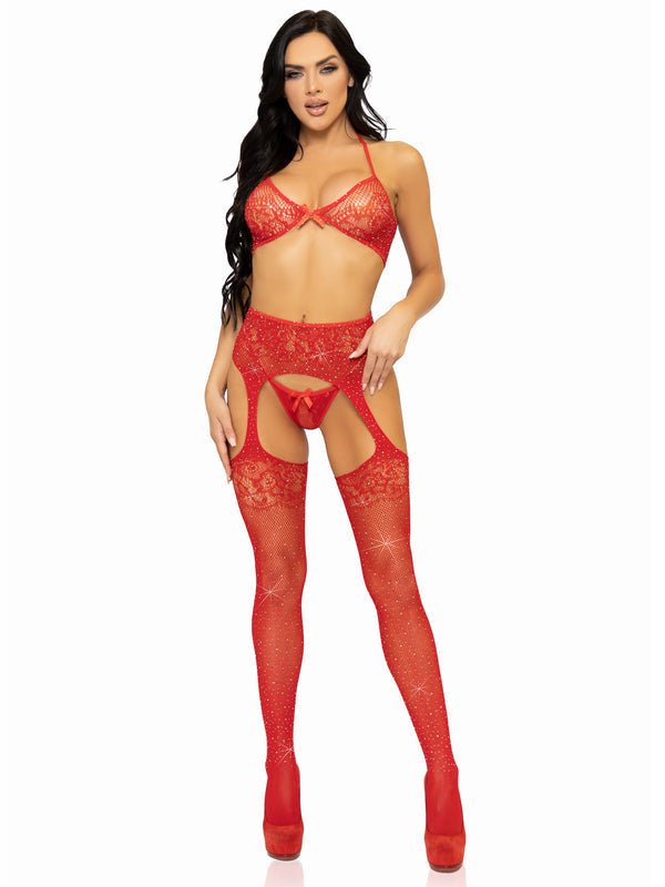 3 Pc Rhinestone Bra Top, G-String, Garter Belt Stockings Red - Model Express VancouverLingerie