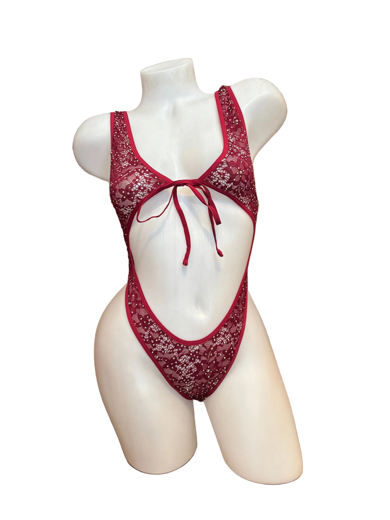 Crystal Lace Front Tie Bodysuit Burgundy - Model Express Vancouver