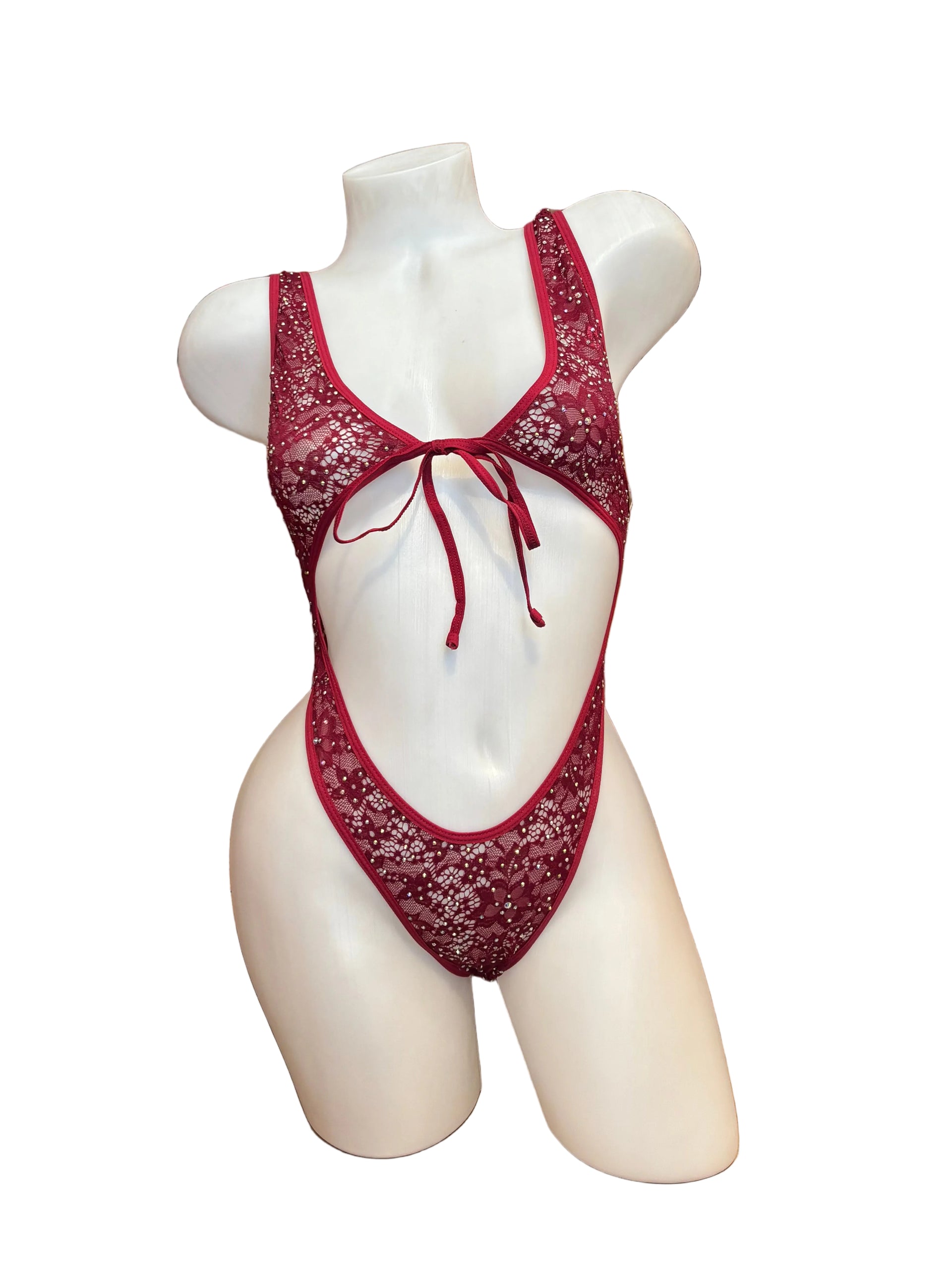 Crystal Lace Front Tie Bodysuit Burgundy - Model Express Vancouver