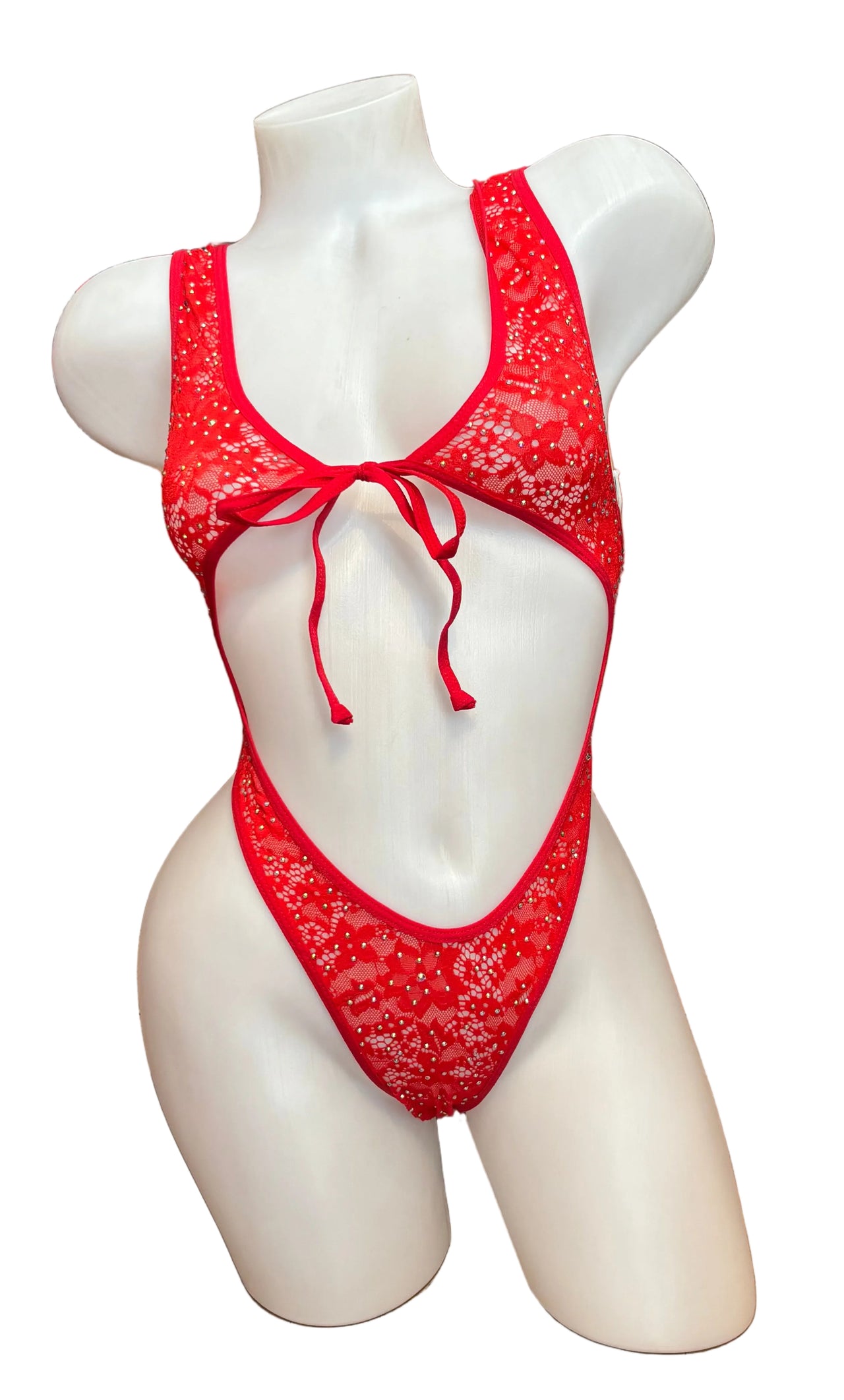 Crystal Lace Front Tie Bodysuit Red