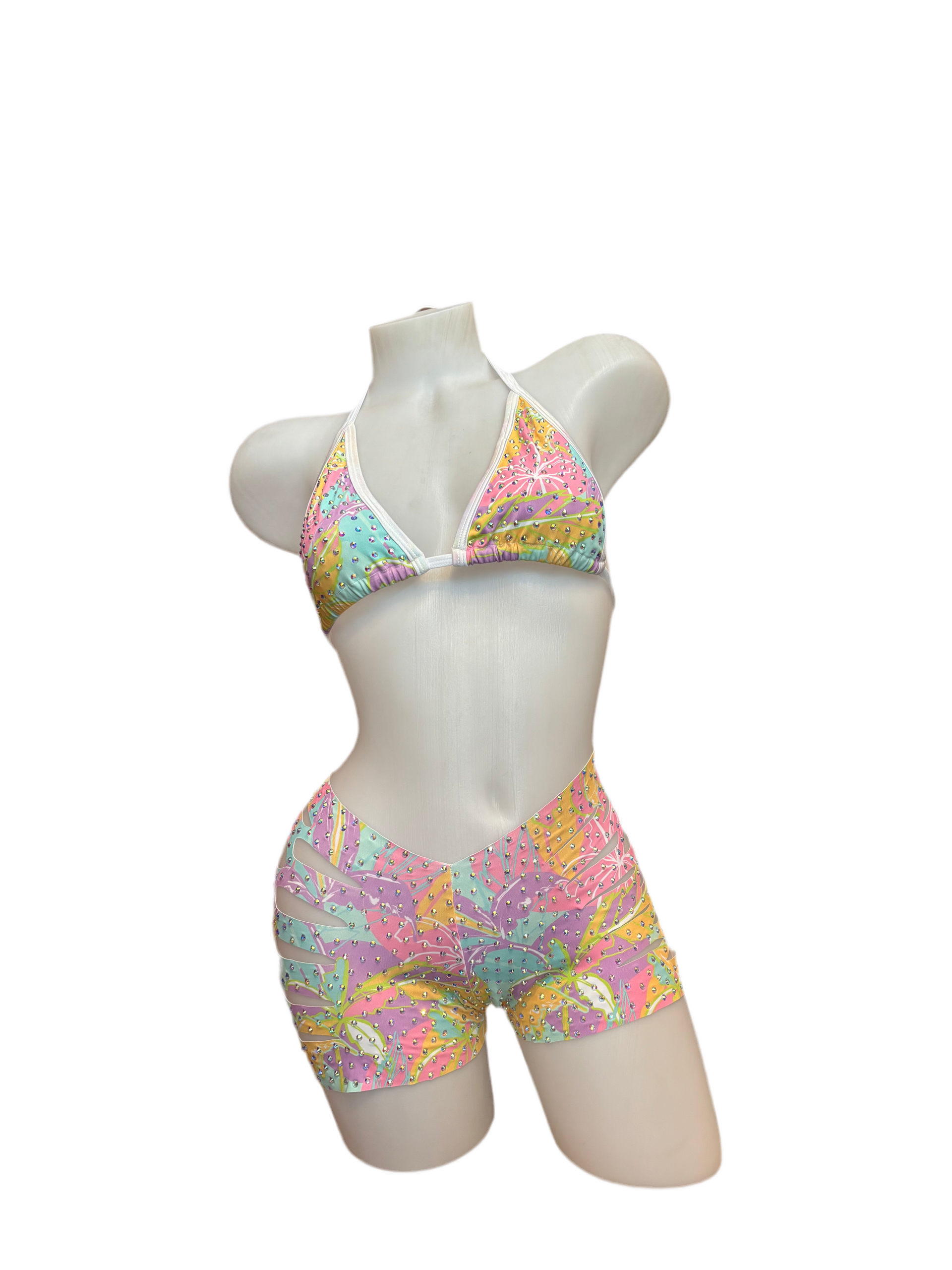 Rhinestone Triangle Top and Cut Out Short Set Pastel Hawaii - Model Express Vancouver