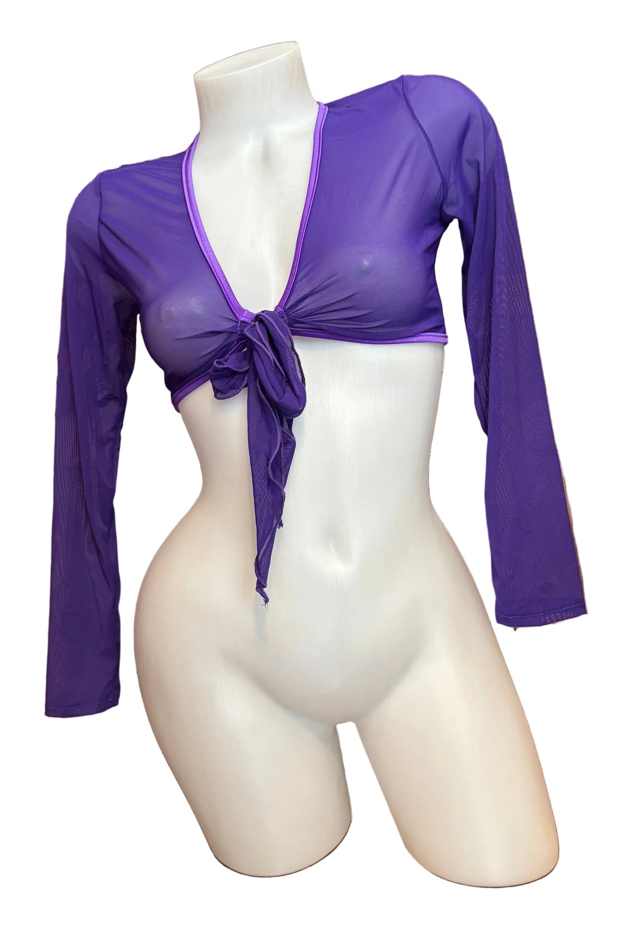 Sleeved Front Tie Crop Top Mesh Lavender