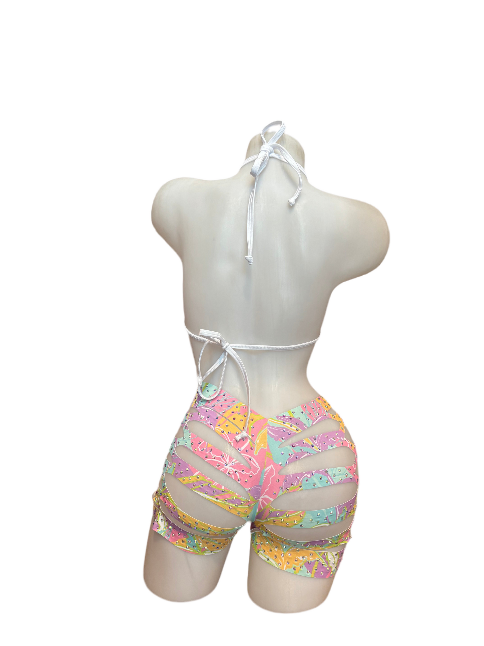 Rhinestone Triangle Top and Cut Out Short Set Pastel Hawaii - Model Express Vancouver