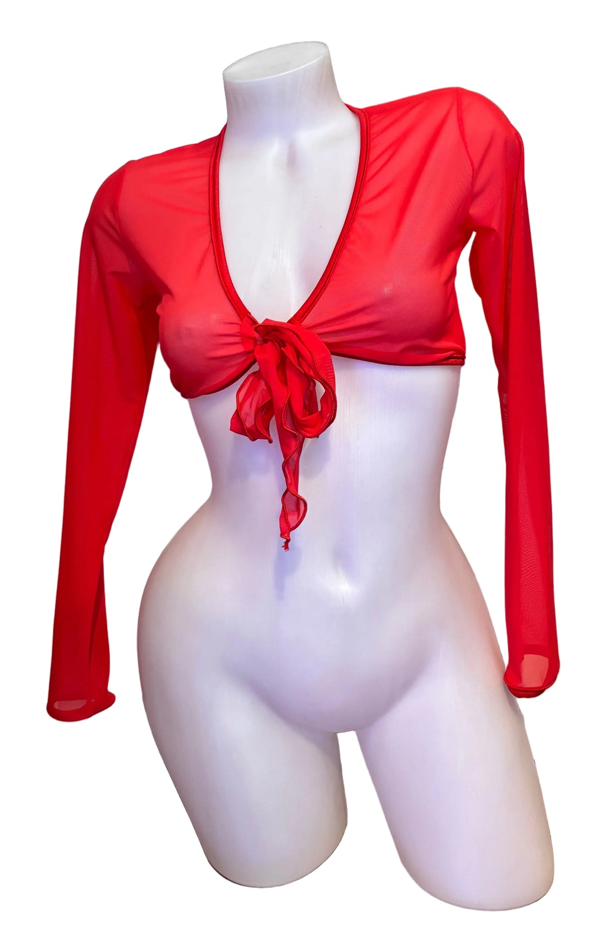 Sleeved Front Tie Crop Top Mesh Red