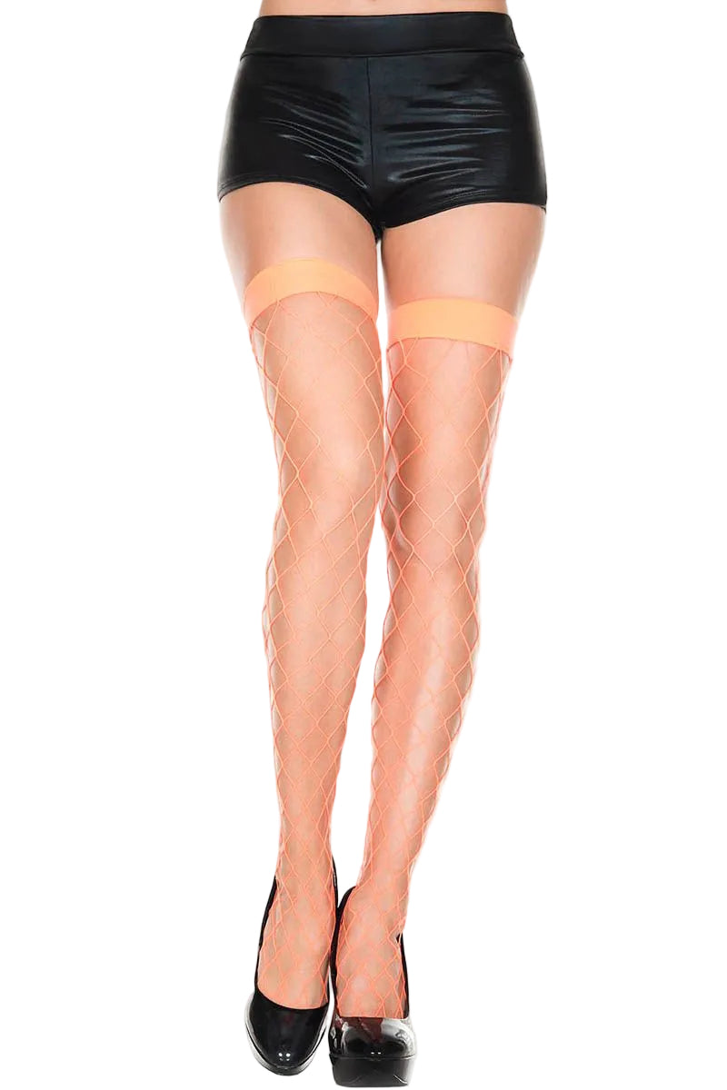 ML stretch fishnet thigh highs in vibrant orange with a durable hosiery design, featuring a seamless, elastic fit.