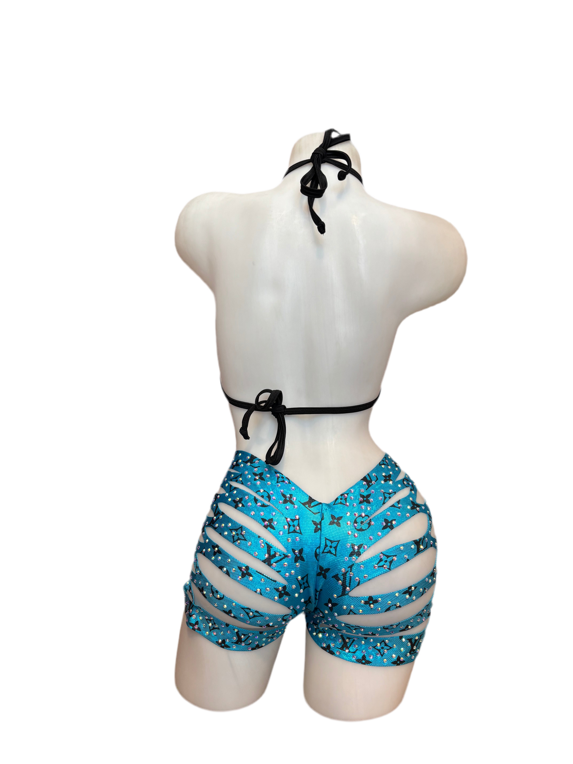 Rhinestone Triangle Top and Cut Out Short Set Designer Metallic Blue - Model Express Vancouver