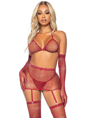 5 Pc Rhinestone Bikini, G-String, Garter, Gloves & Stockings Burgundy - Model Express VancouverLingerie