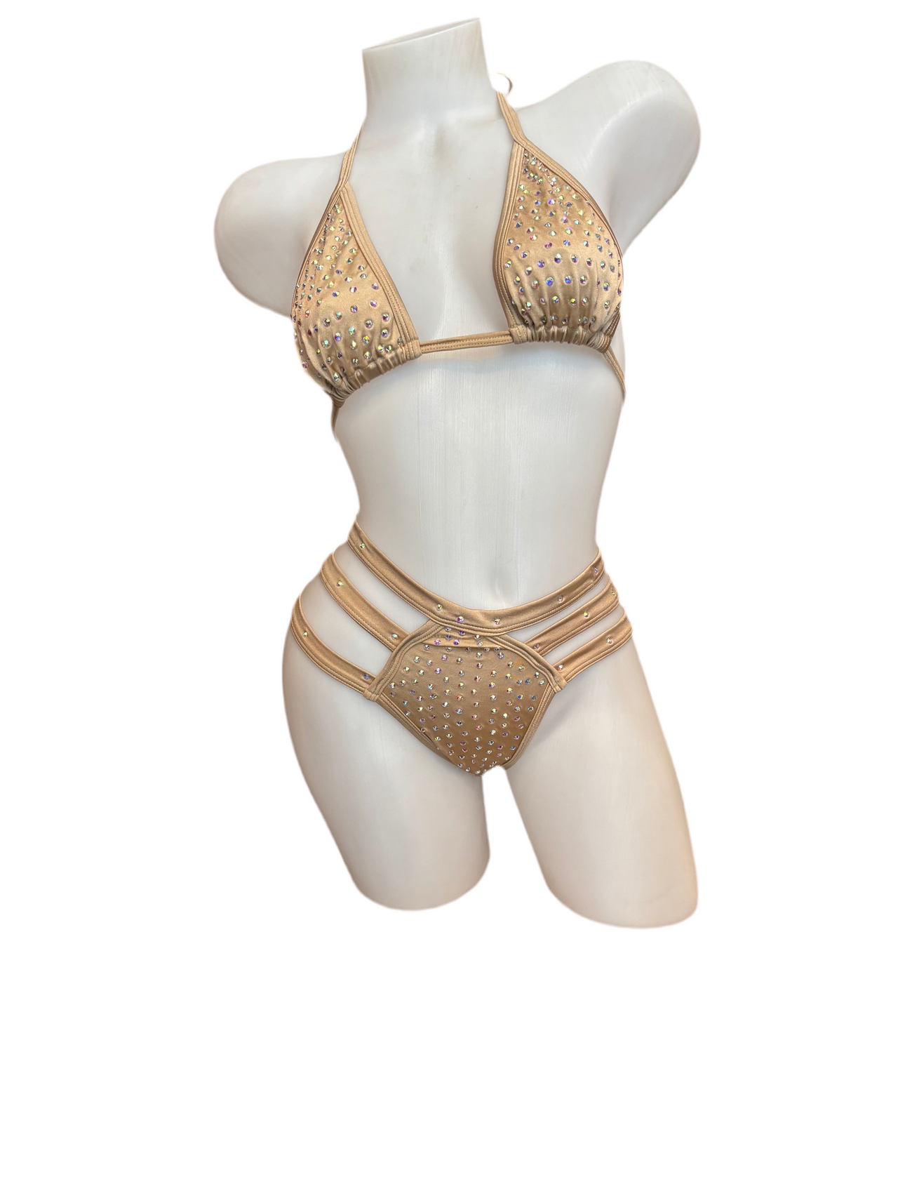 Rhinestone Triple Strap Bikini Set Champagne - Model Express Vancouver