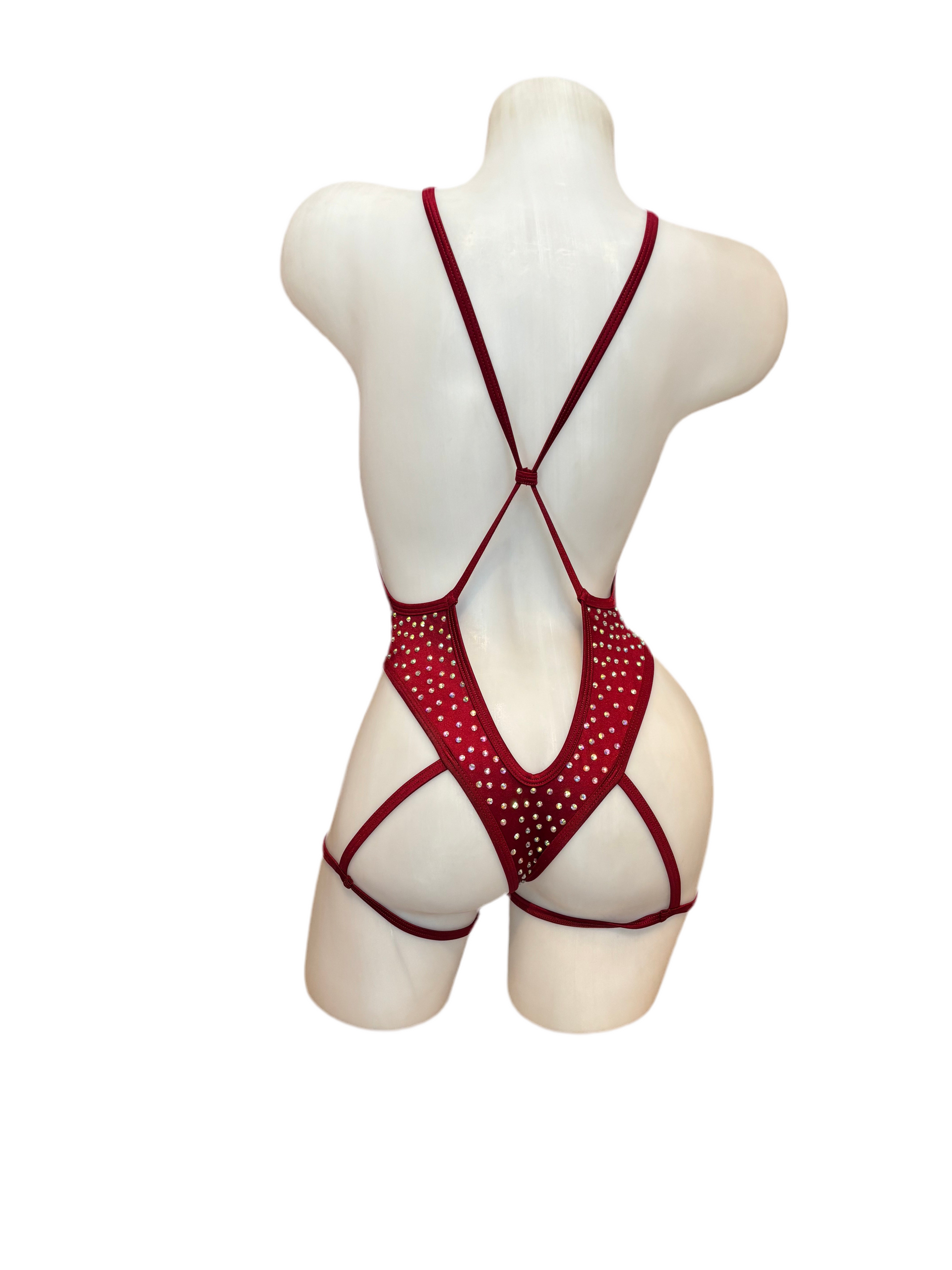 Rhinestone Bodysuit with Garter Burgundy - Model Express Vancouver