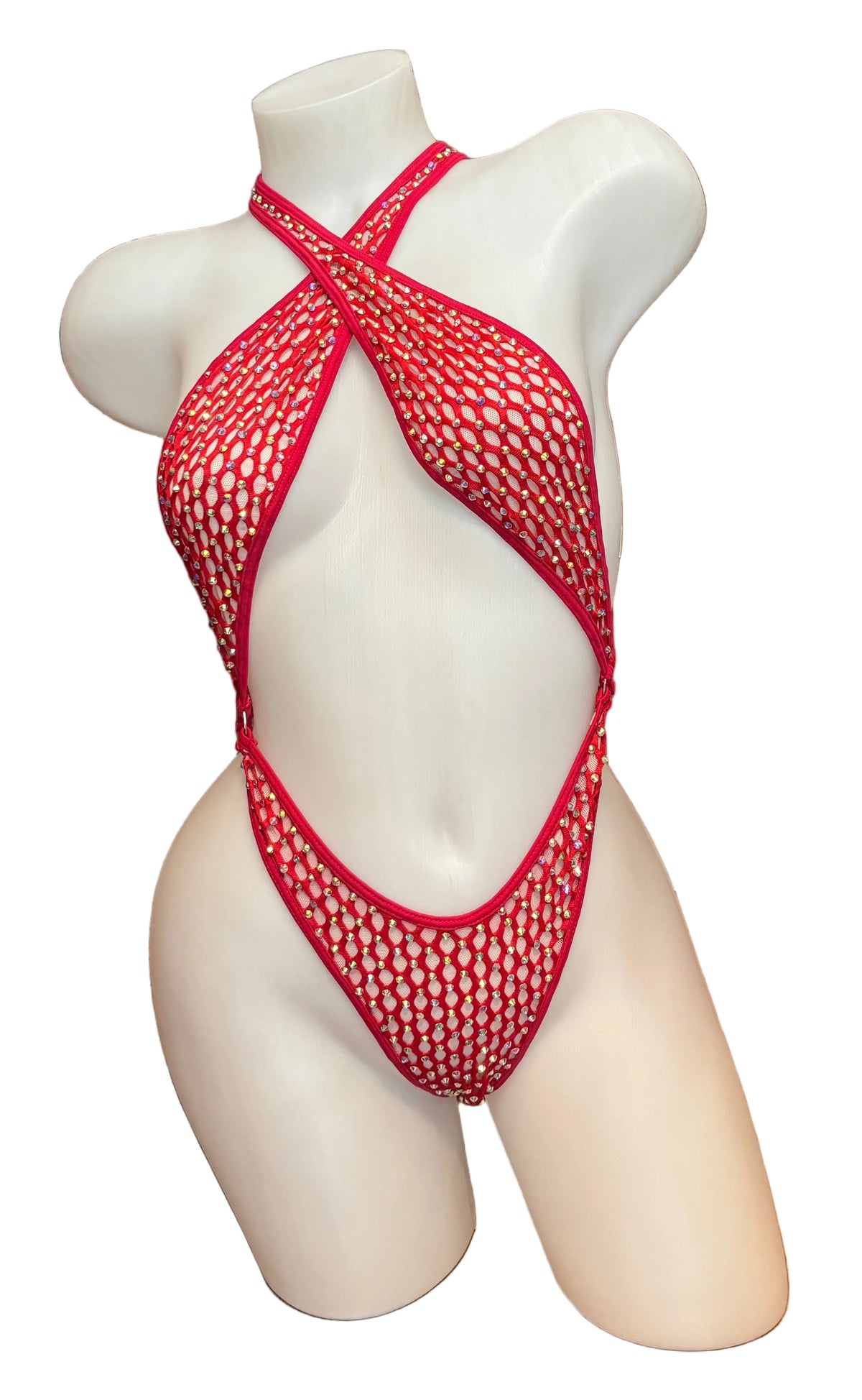 Red rhinestone criss cross sling shot lingerie by CY featuring sparkling rhinestones and a strappy design.