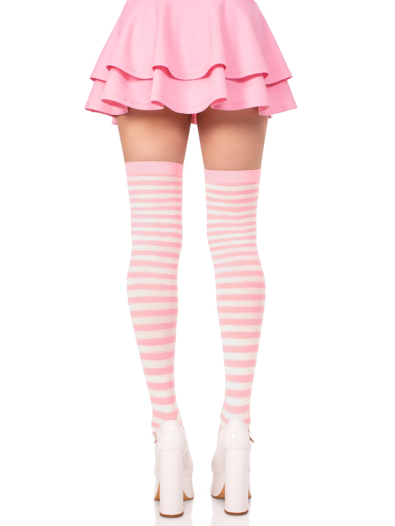 Striped Nylon Thigh Highs White/Baby Pink - Model Express Vancouver