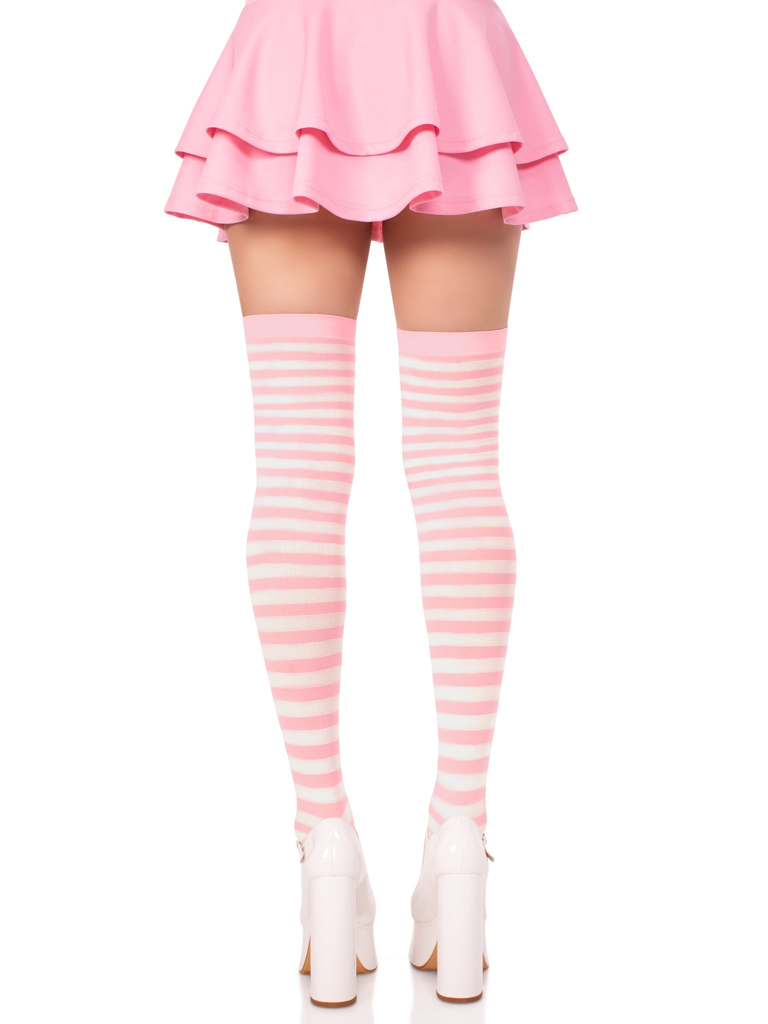 Striped Nylon Thigh Highs White/Baby Pink - Model Express Vancouver
