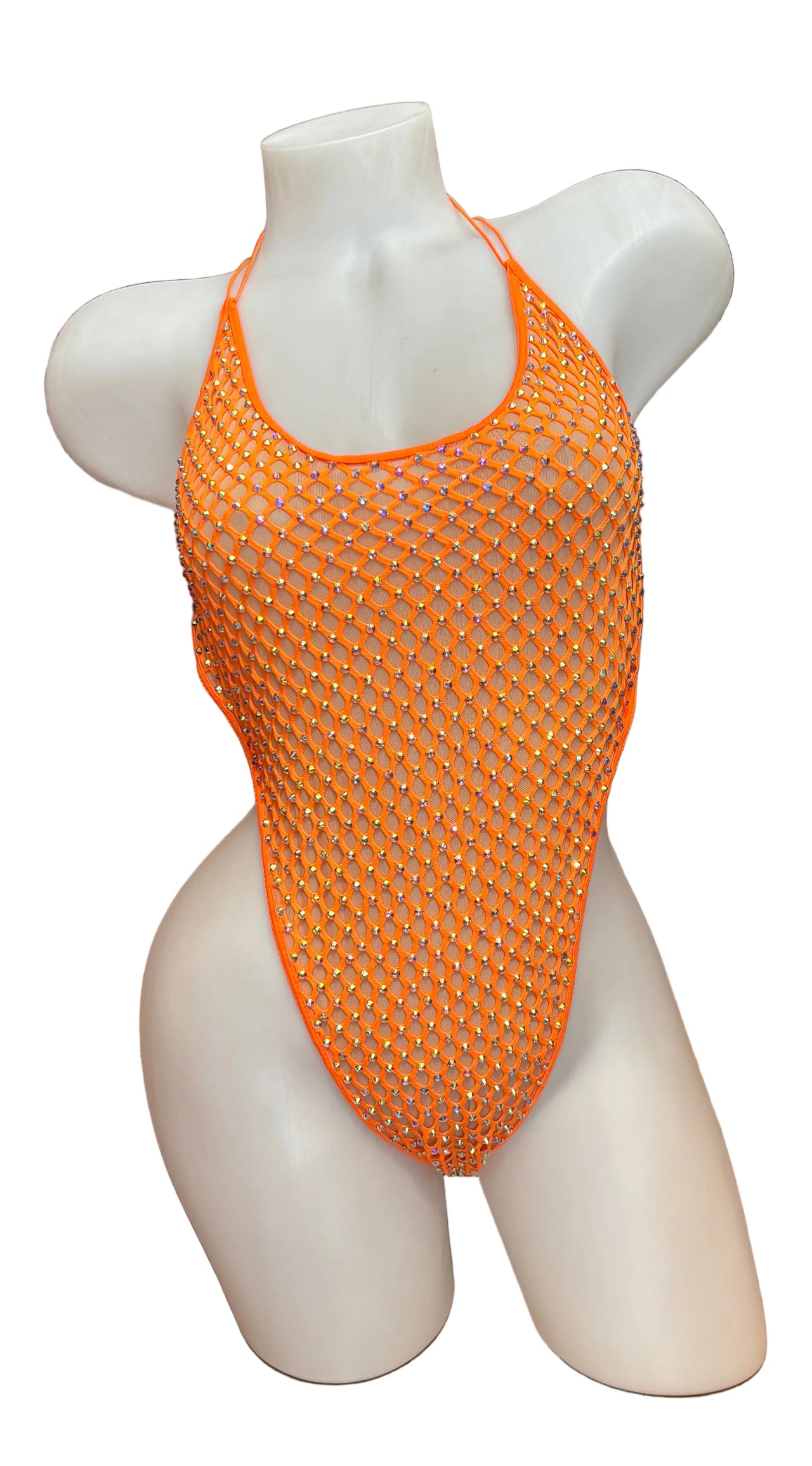 Rhinestone V Neck Bodysuit Orange