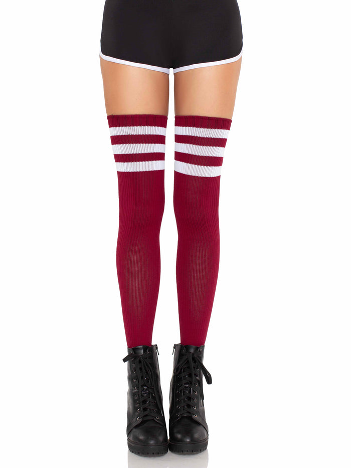 LA athletic thigh highs in burgundy and white, sporty hosiery with a comfortable fit and stylish design.