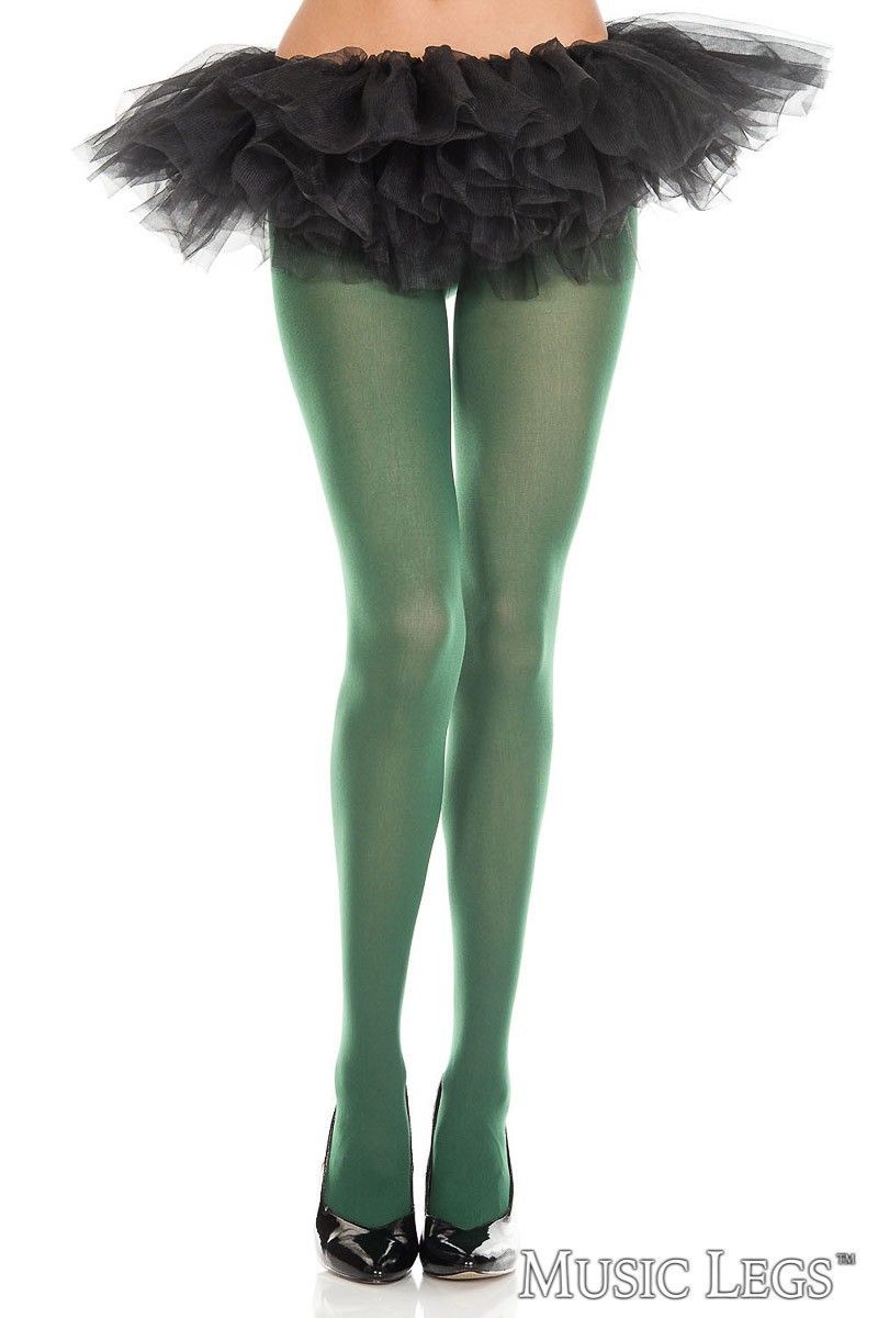 ML opaque tights in hunter green, showcasing the smooth, stretchy hosiery fabric on a close-up cropped image.