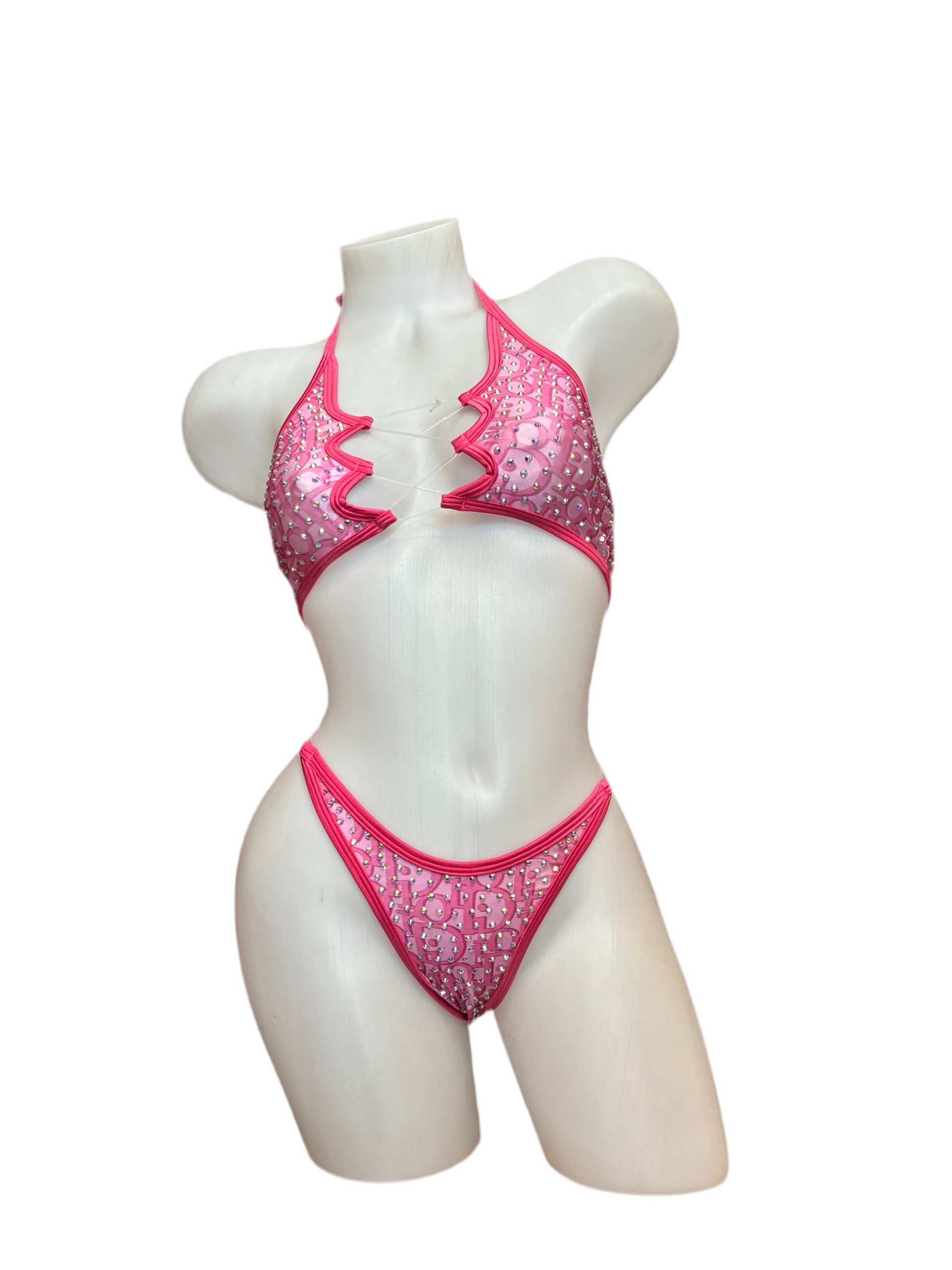 Rhinestone Zig Zag Halter and High Waisted Panty Design Pink - Model Express Vancouver
