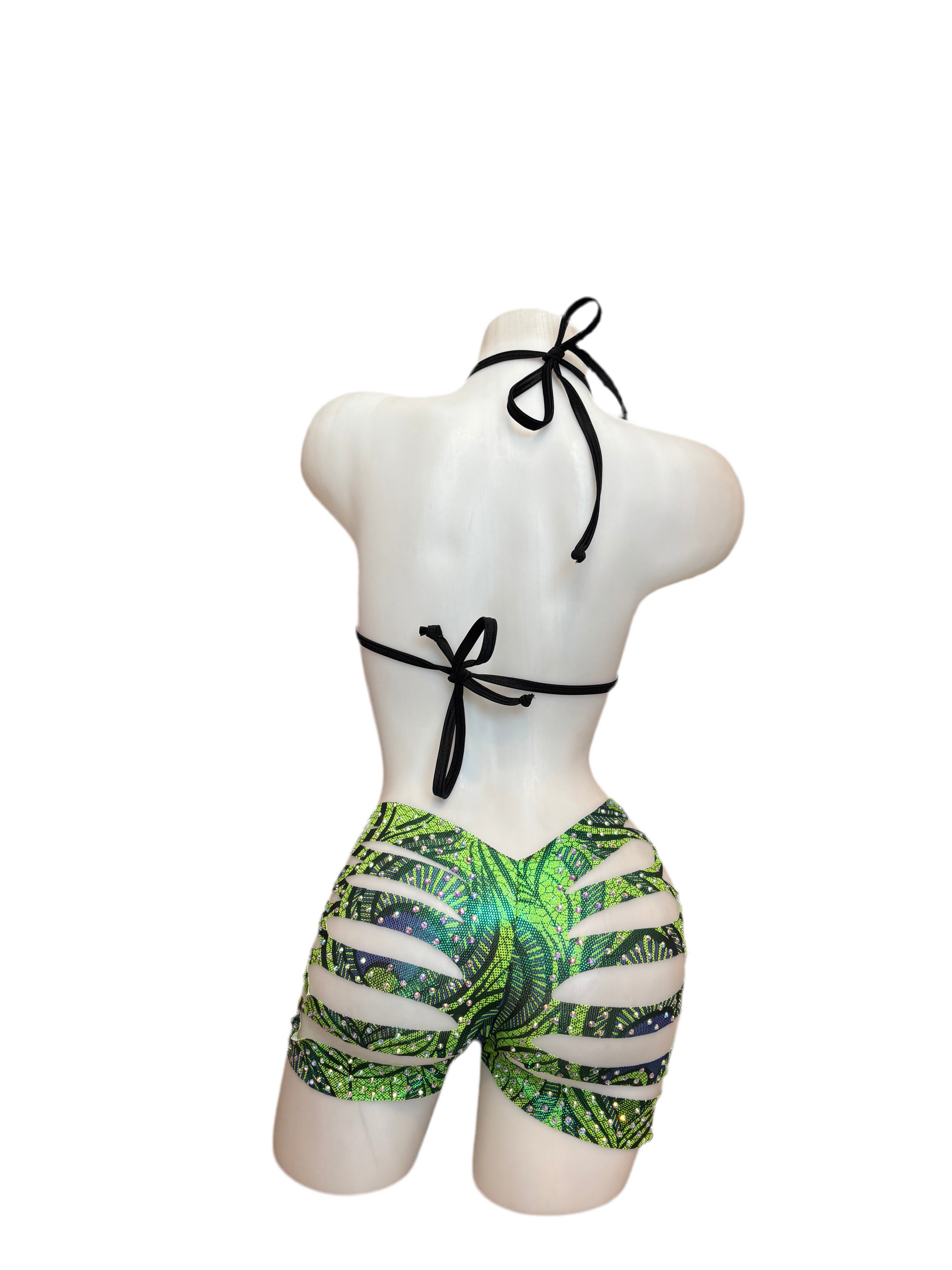 Rhinestone Triangle Top and Cut Out Short Set Metallic Monstera - Model Express Vancouver