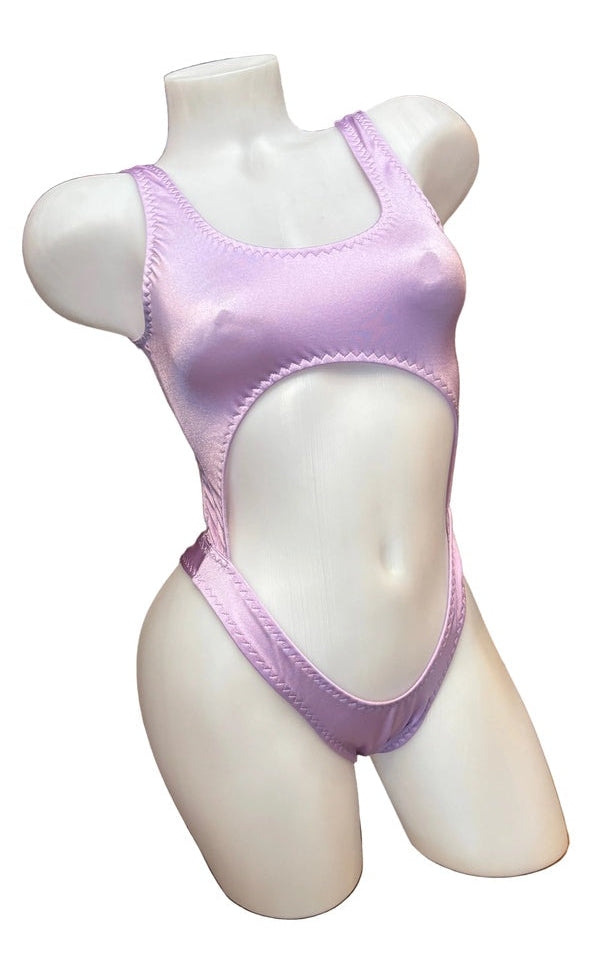 Lilac BL bikini bodysuit with bralette top and thong back, featuring a sleek, fitted design for stylish beachwear.