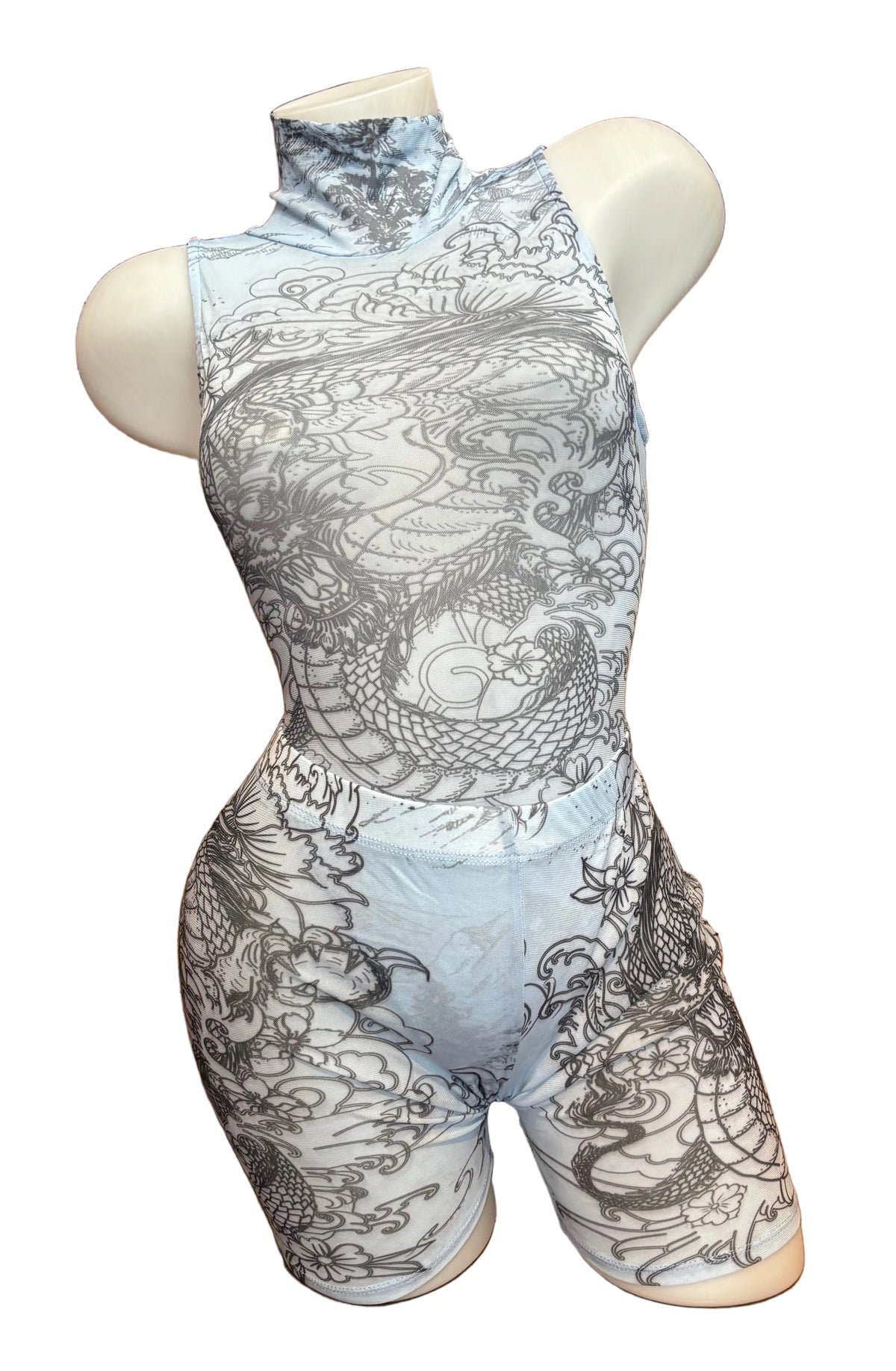 Printed Mesh Bodysuit and Bike Shorts