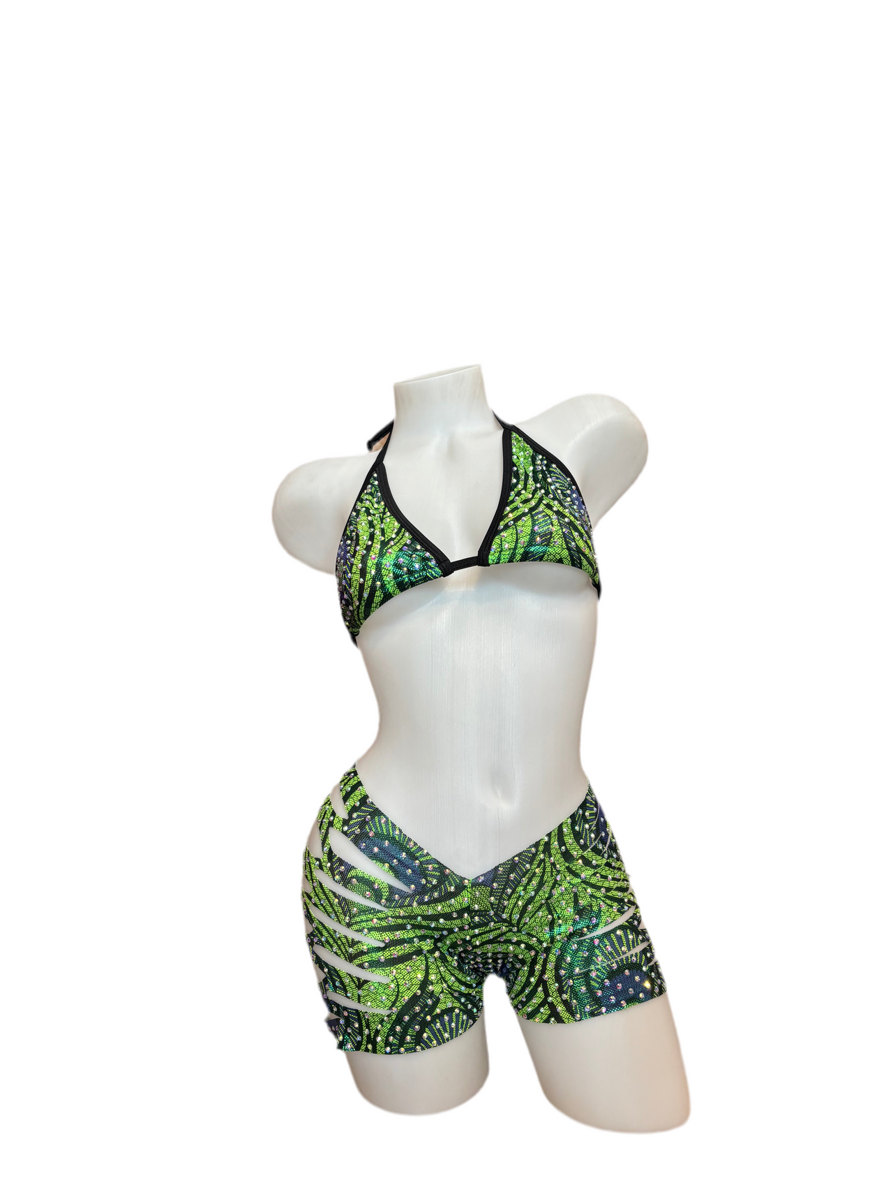 Rhinestone Triangle Top and Cut Out Short Set Metallic Monstera - Model Express Vancouver
