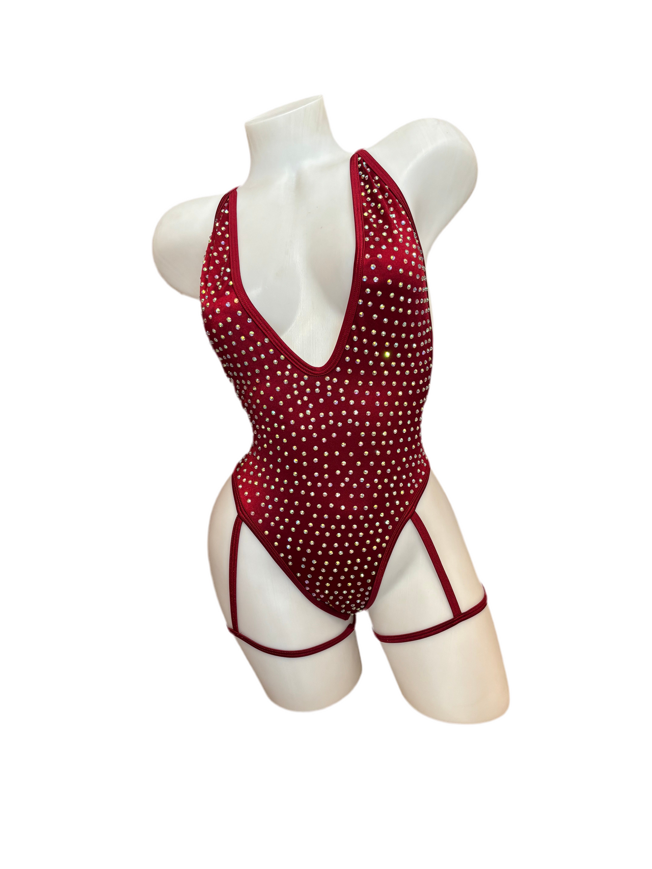 Rhinestone Bodysuit with Garter Burgundy - Model Express Vancouver