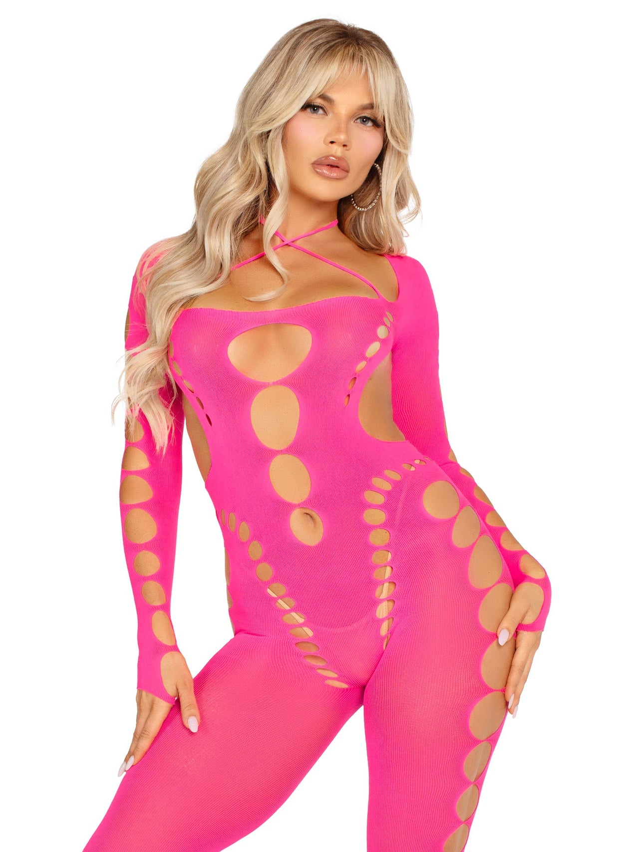 Opaque Cut Out Footless Bodystocking Pink - Model Express Vancouver