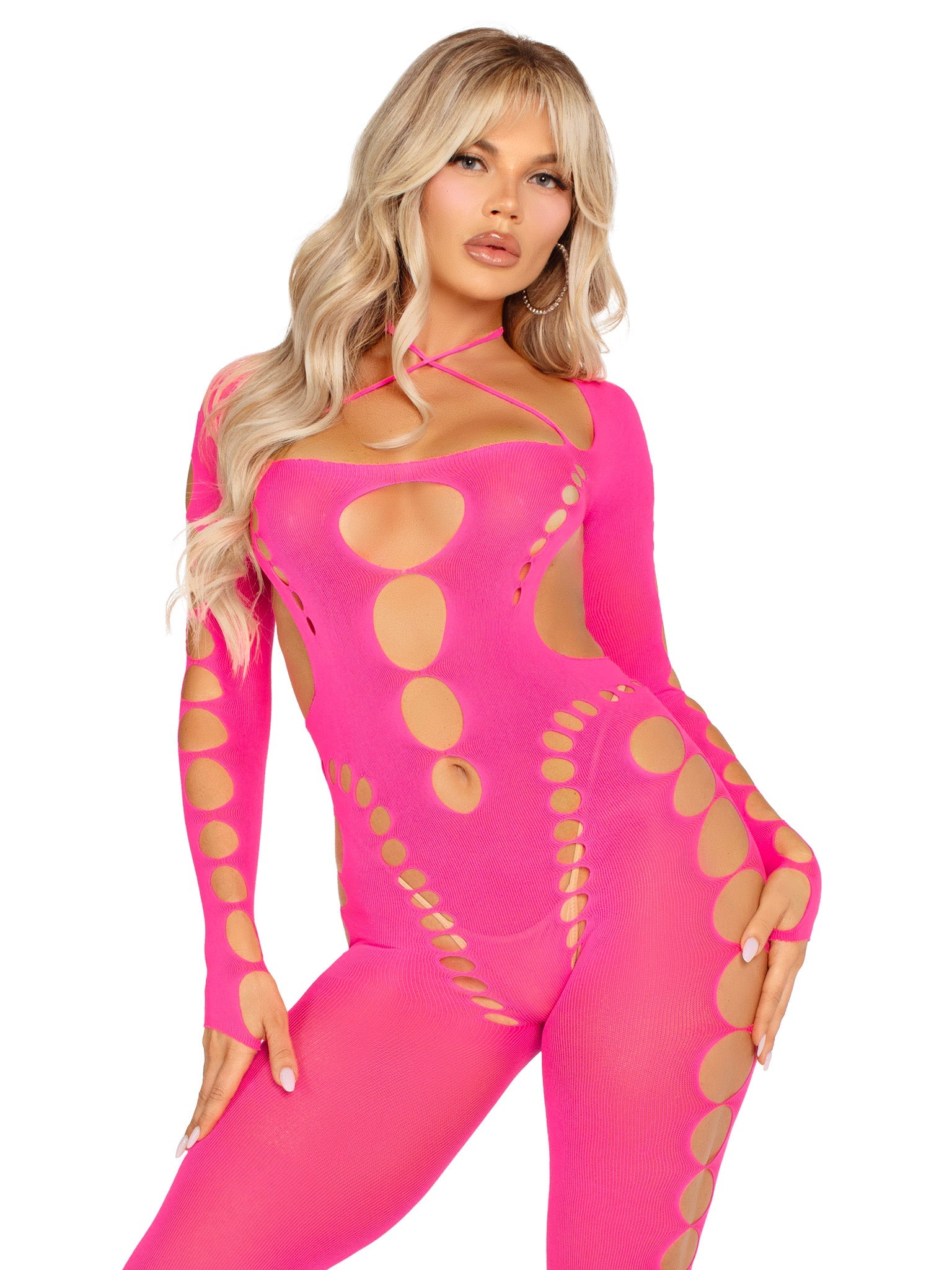Opaque Cut Out Footless Bodystocking Pink - Model Express Vancouver