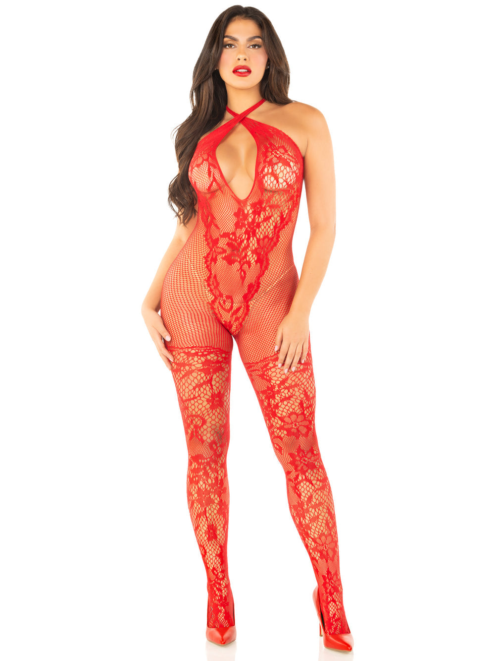 Seamless Net and Lace Lingerie Jumpsuit Red - Model Express Vancouver