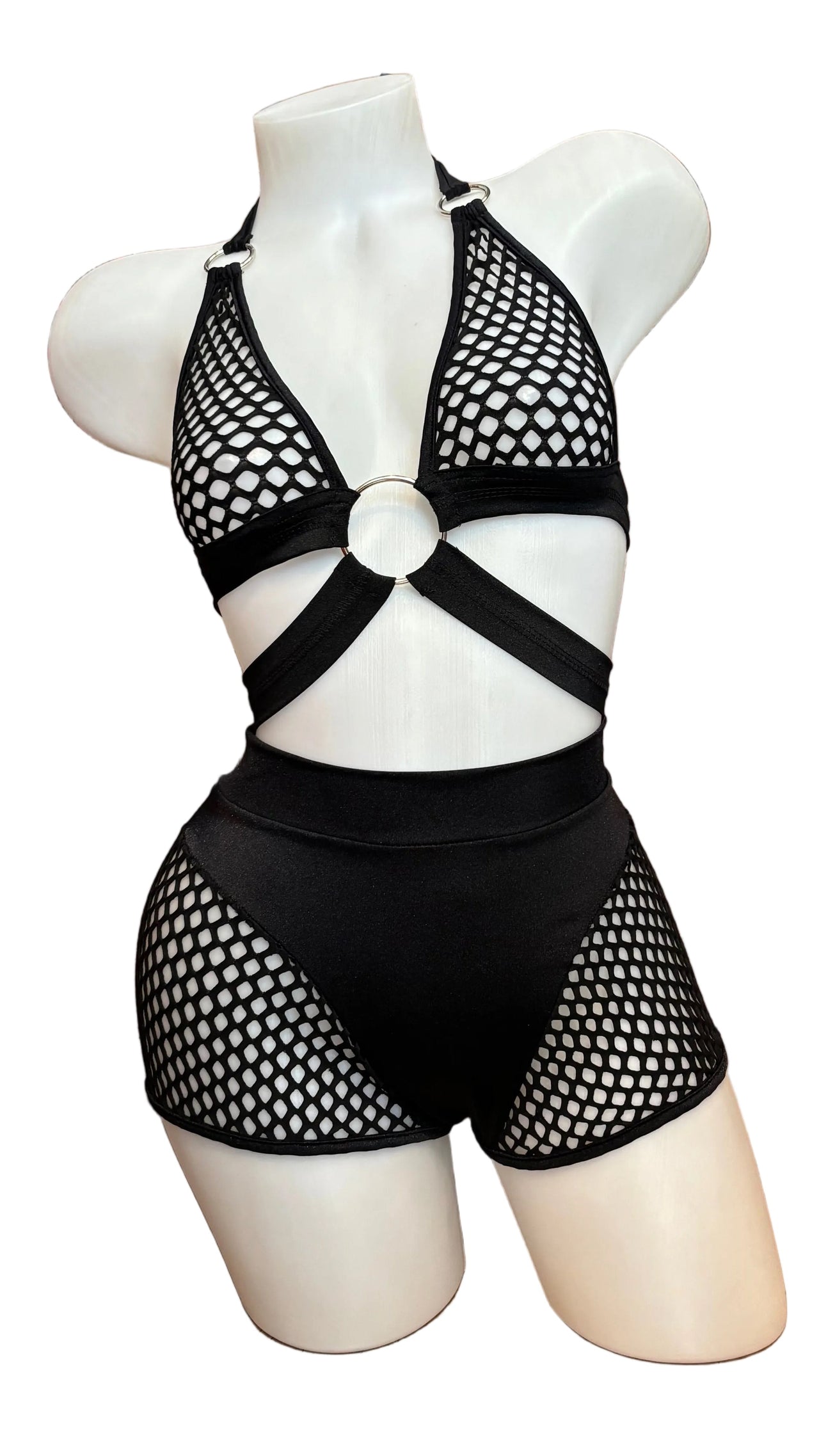 Fishnet Wrap Top and Boyshort Set Black