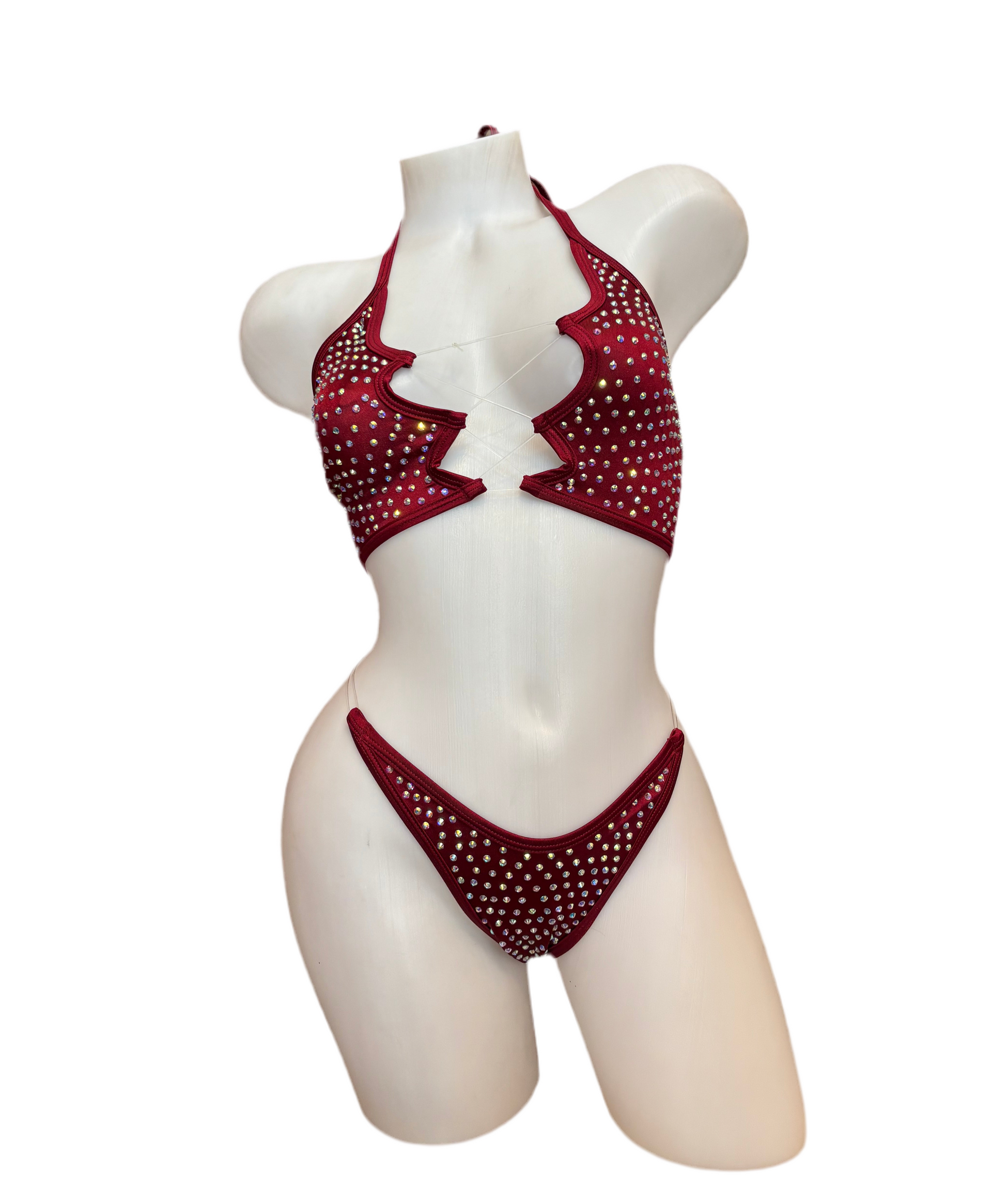 Rhinestone Zig Zag Halter and High Waisted Panty Burgundy - Model Express Vancouver