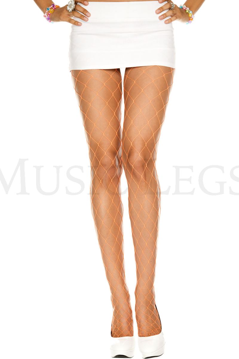 Neon orange diamond net spandex pantyhose by ML, stylish hosiery with a vibrant, patterned design for bold fashion statements.