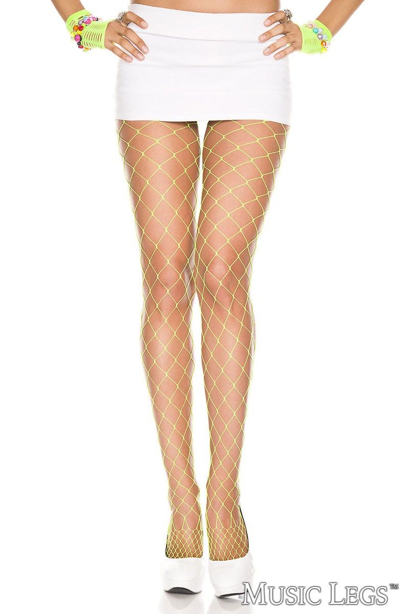 Neon green diamond net spandex pantyhose by ML, close-up of textured hosiery fabric with diamond pattern.