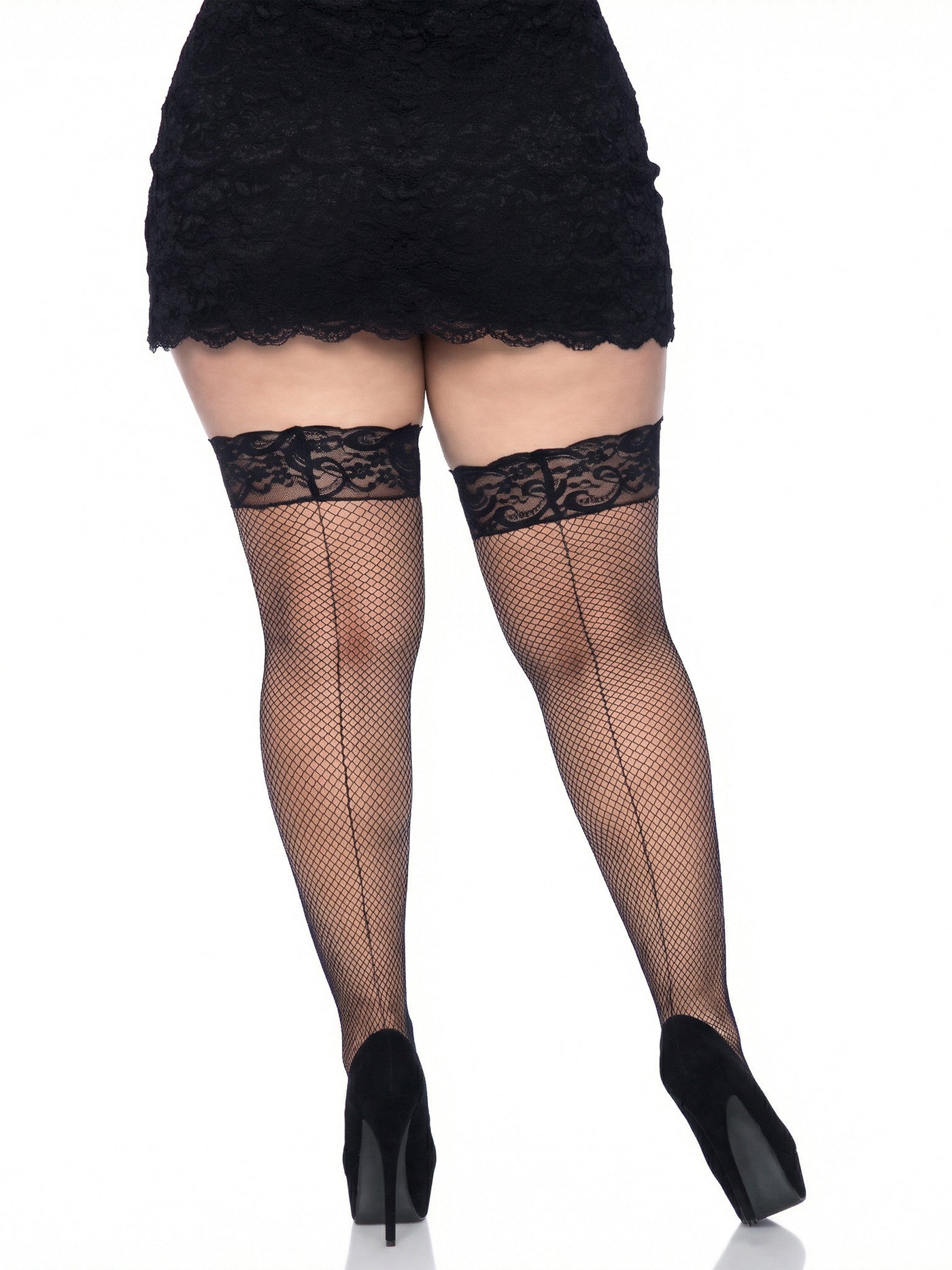 Plus Size Stay Up Fishnet Stockings with Backseam Black - Model Express Vancouver
