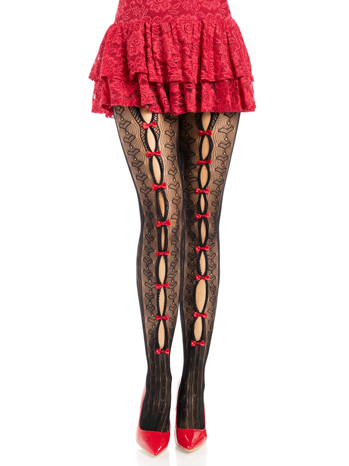 Sweetheart Striped Tights with Mini Bows Black/Red