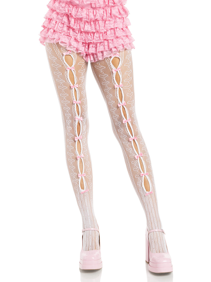 Sweetheart Striped Tights with Mini Bows White/Pink