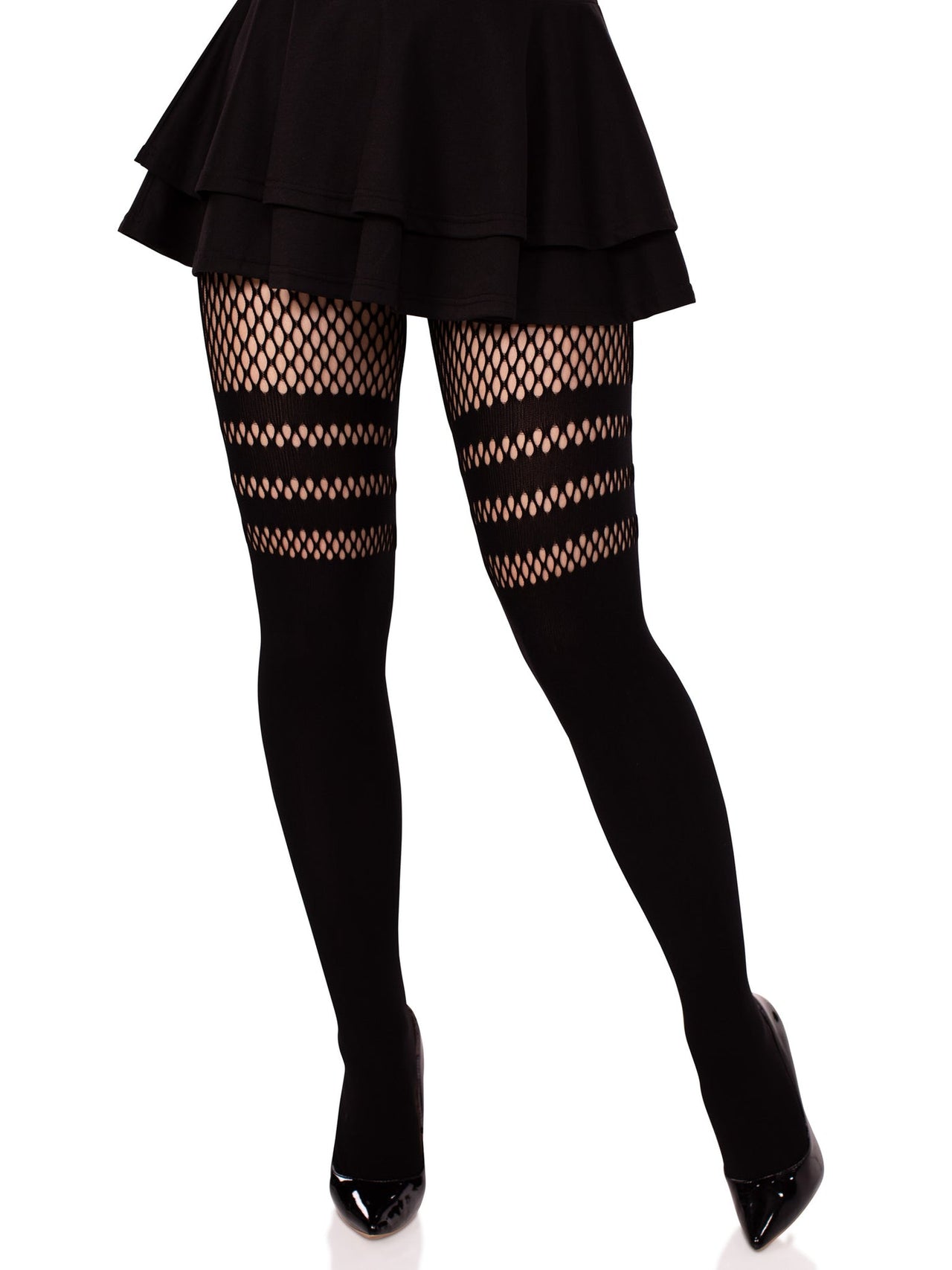 Seamless Opaque Faux Thigh High Tights with Striped Fishnet Thigh Accent - Model Express Vancouver