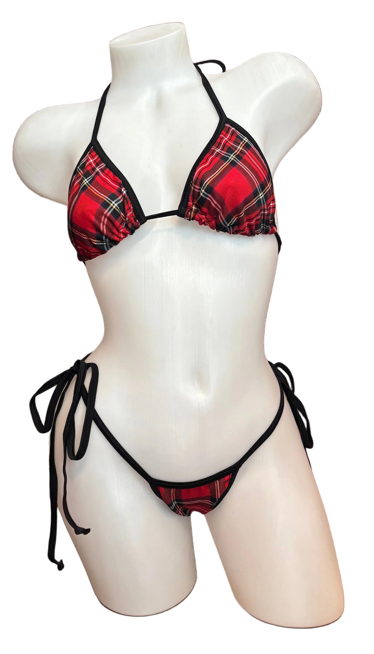 FG School Girl Bikini Set in red and black, featuring a lingerie style with a cropped top and matching bottoms, placed on a plain background.